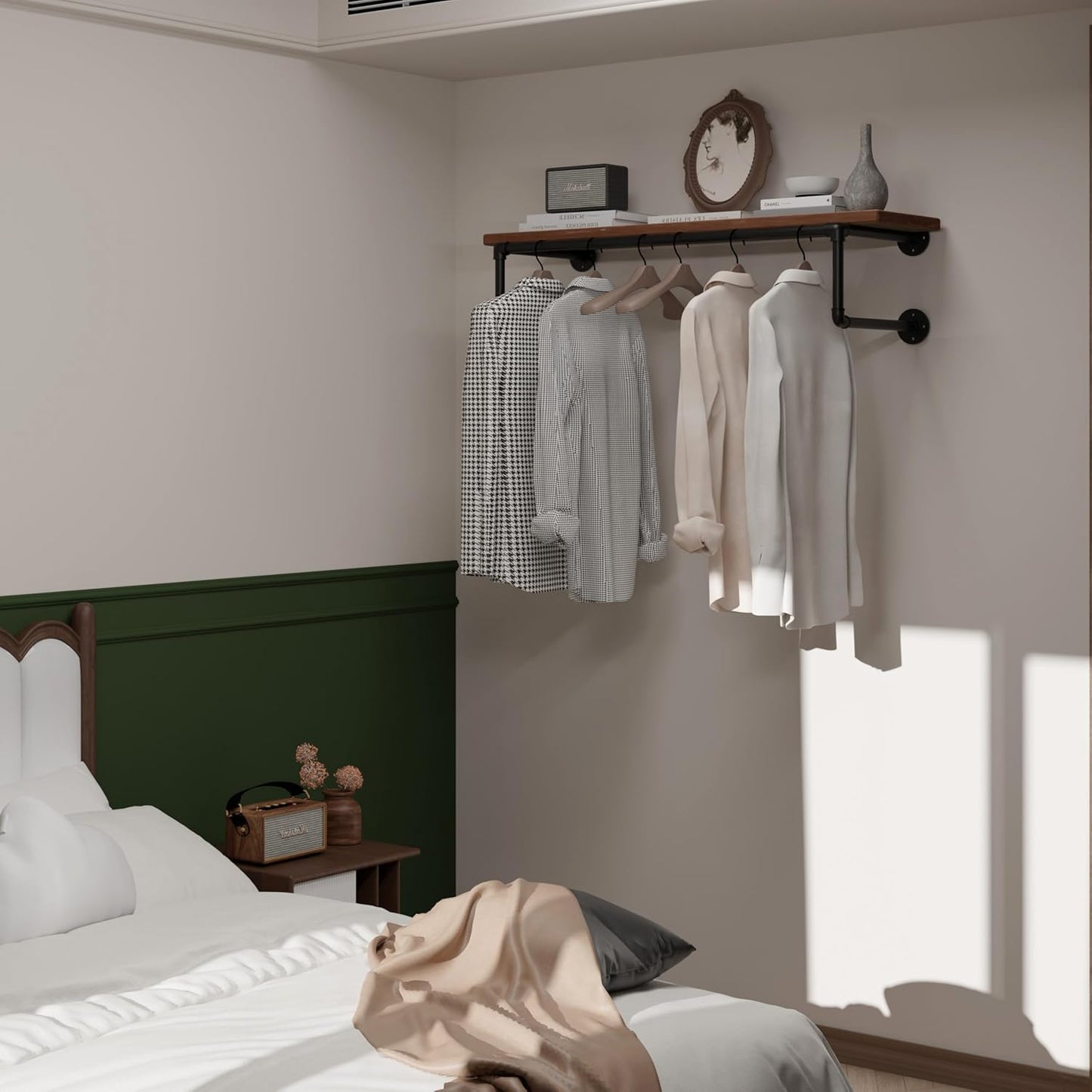 Clothes Rack 36in, Wall Mounted Garment Racks with Brown Real Wood Shelf, Heavy Duty Hanging Clothes Rack, Multi-Purpose Hanging Rod, Space-Saving Closet Storage