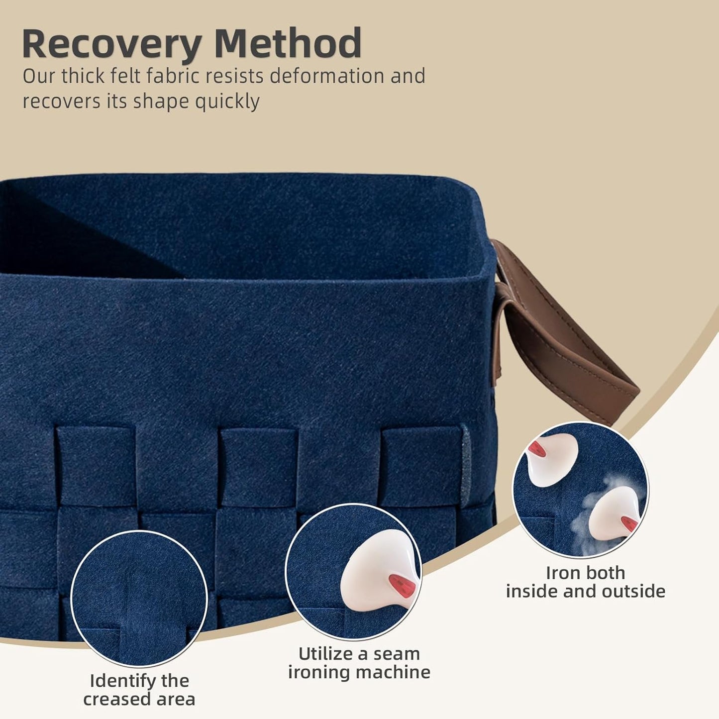 Bold monkey Storage Basket 3 Pack, Medium 10" x10" x10 " Baskets for Shelves with Leather Handle, Cube Felt Fabric Storage Box for Bedroom, Nursery, Living Room -Navy blue