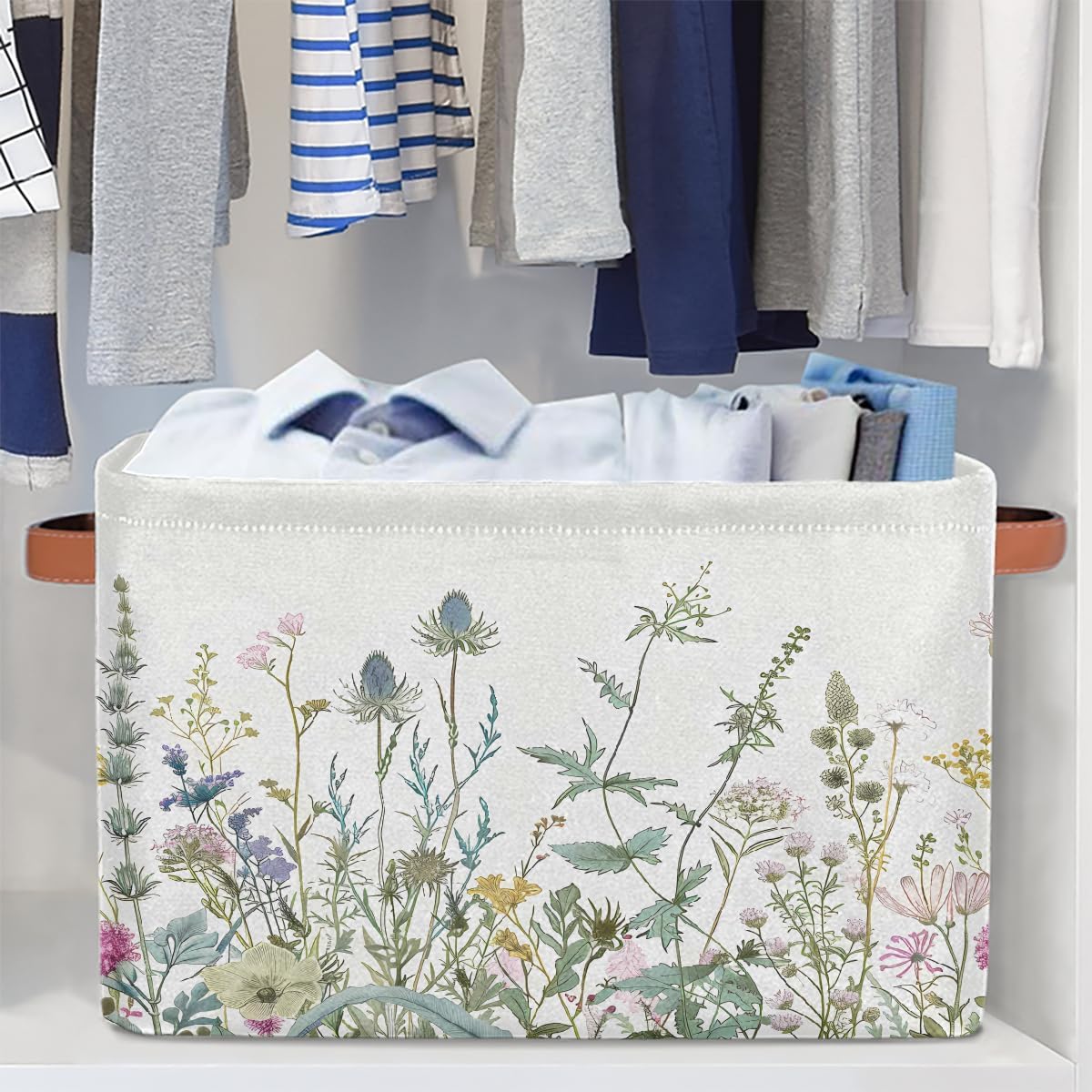 Wildflowers Leaves Storage Basket for Shelves, Storage Bins with Handles, Collapsible Basket for Organizing, Closet Toy Baskets for Nursery Room, 15x11x9.5 in, Canvas, Herbal Wildflower