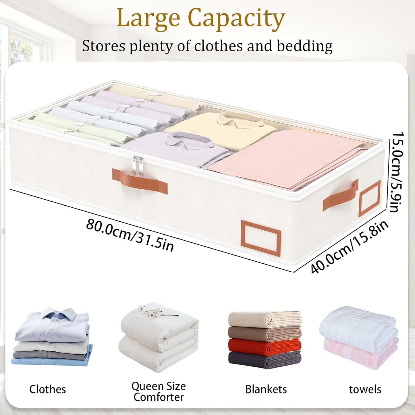 Yawinhe Under Bed Storage Containers, 2 Pack, Bin with Lids, Collapsible Closet Organizers, with Sorting Card Slot and 4 Leather Handles, for Blanket, Bedding, 31.5''Lx15.7''Wx6''H, Beige
