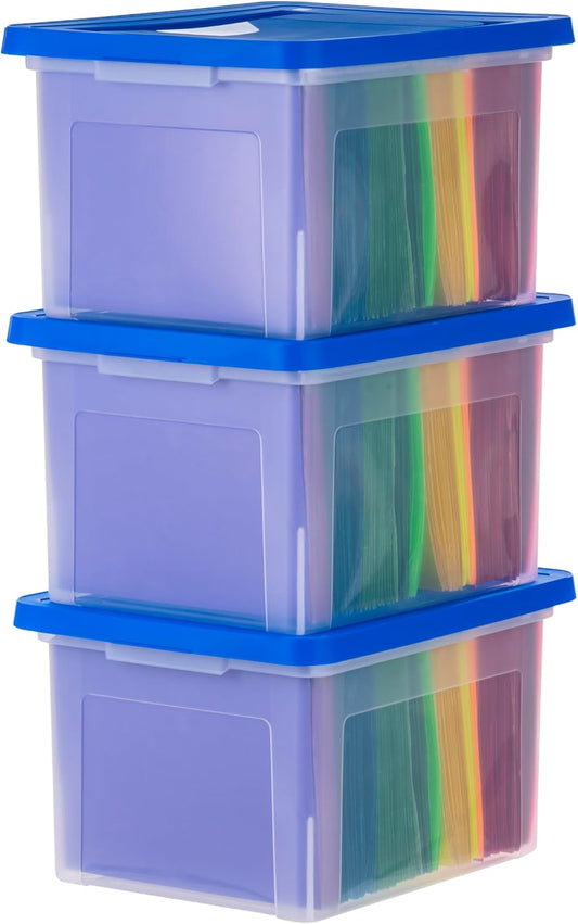 IRIS USA File Box, Plastic File Organizer Box With Lids, Letter/Legal File, Important Document Box, Portable Storage Filing Bin, Stackable Nestable, Clear/Blue 35 Qt. 3 Pack