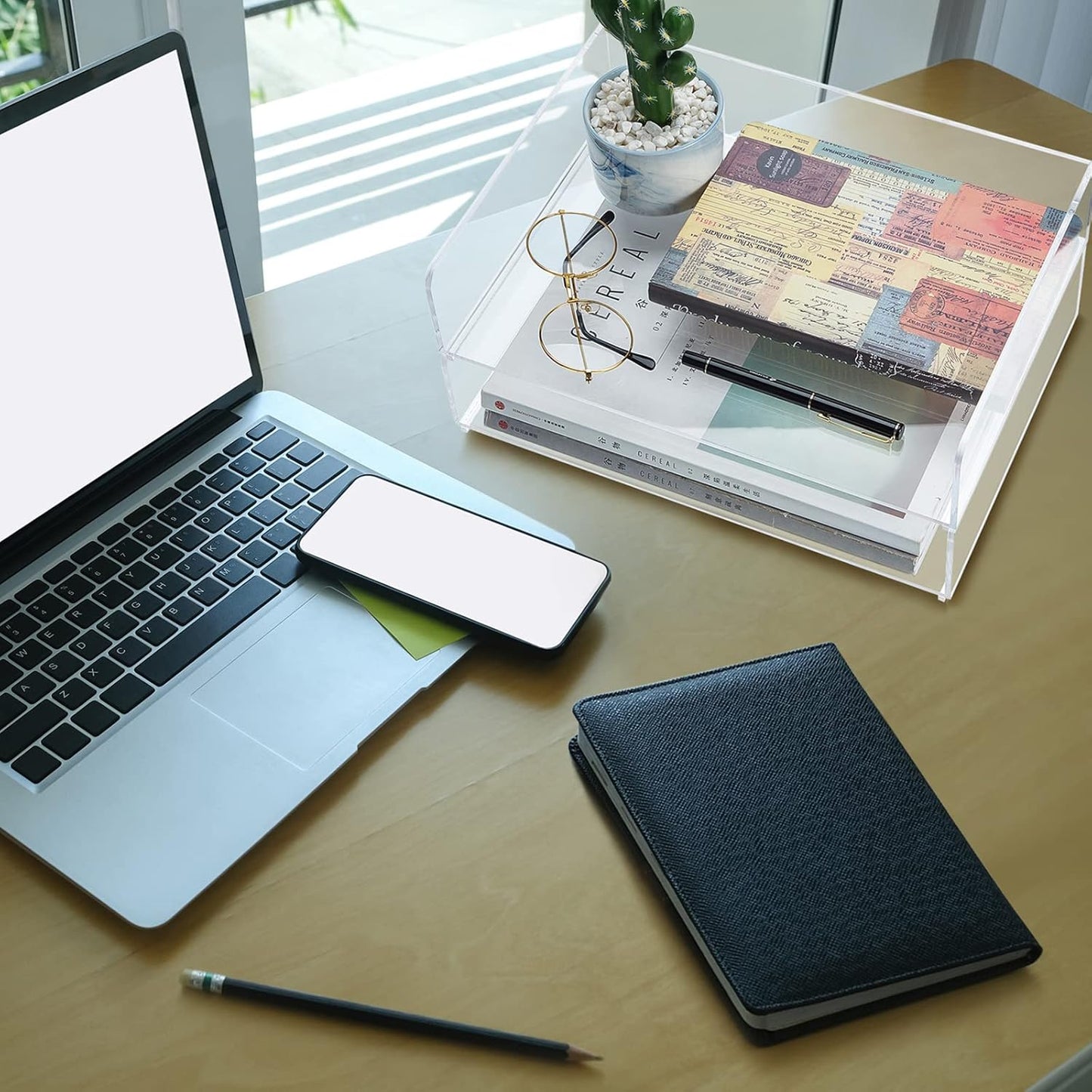 Yulejo 2 Pcs 12.4 x 8.74 x 2.68" Acrylic Desk Organizers Accessories Paper Storage Tier File Office Organizer Tray Stackable Document Clear Desk Accessories for Office Workspace Organization