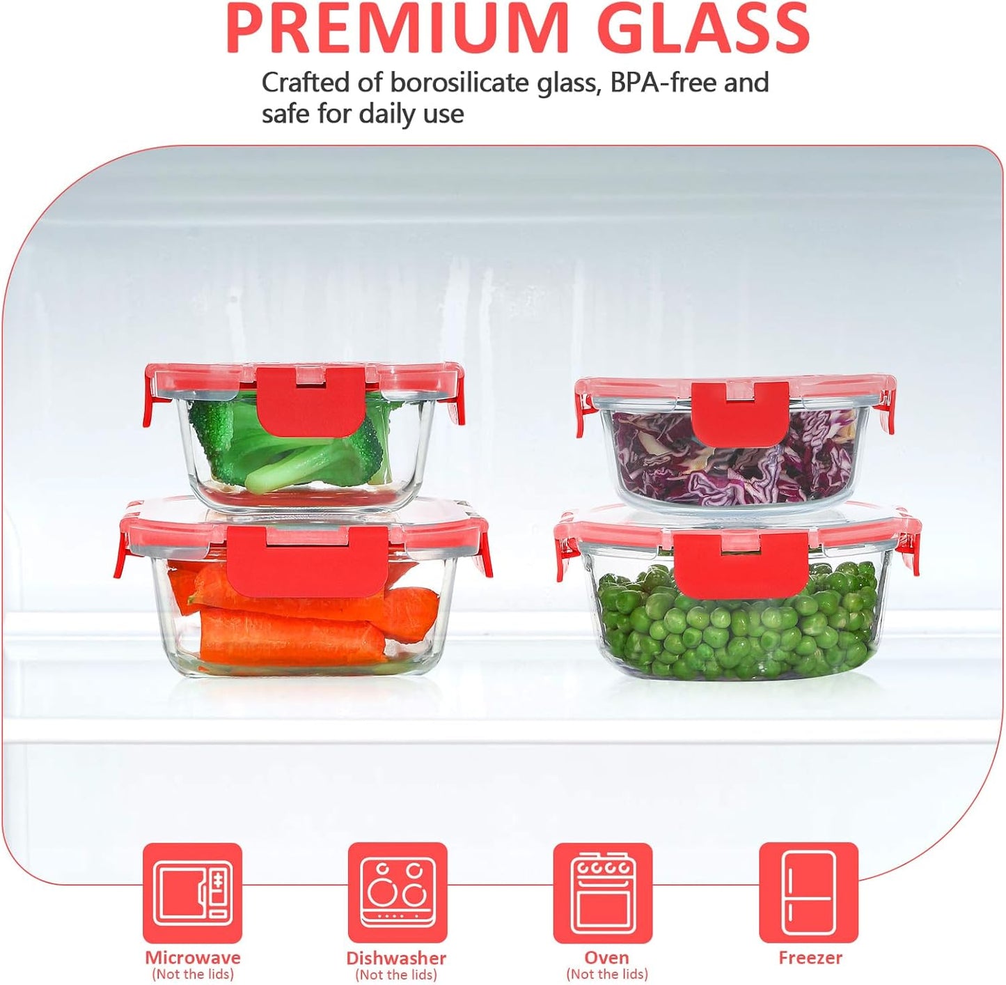 KOMUEE 24 Pieces Glass Food Storage Containers Set, Meal Prep Containers-Stackable Airtight Glass Storage Containers with lids,Freezer, Microwave, Oven Safe,Red