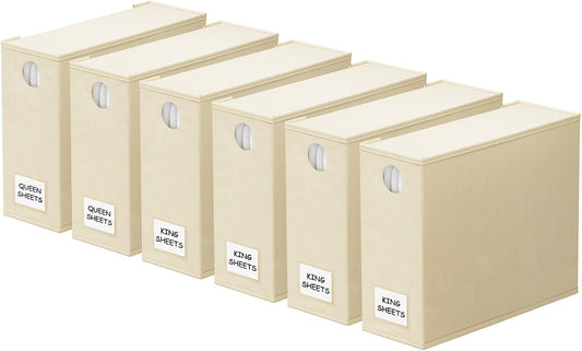 SpaceAid 6 Pack Bed Sheet Organizers and Storage, Foldable Sheet Organizer with Window for Linen Closet, Set Folder Keeper for Queen & King Size Bedding Storage (Beige)