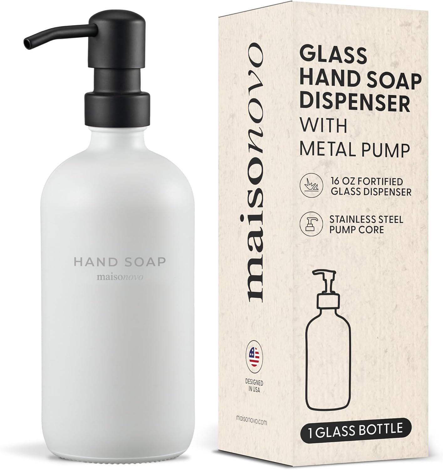 MaisoNovo Soap Dispenser 1-Piece Set | 16.9oz White Bottles with Black Stainless Steel Pump