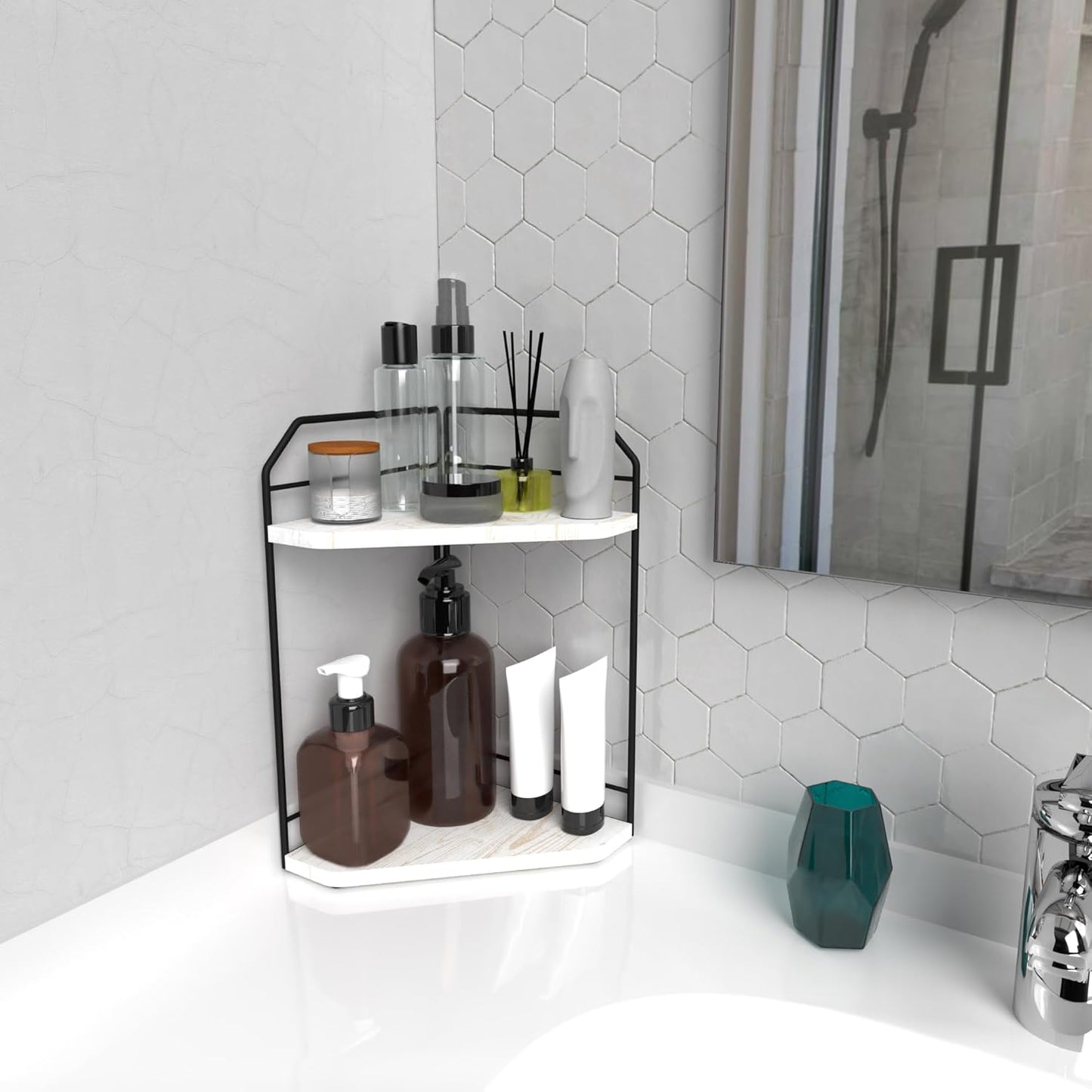 Corner Bathroom Counter Organizer - 2 Tier Wood Vanity Counter Shelf Perfume Skincare Holder, Countertop Corner Shelf Organizer for Bathroom, Kitchen, Rustic White