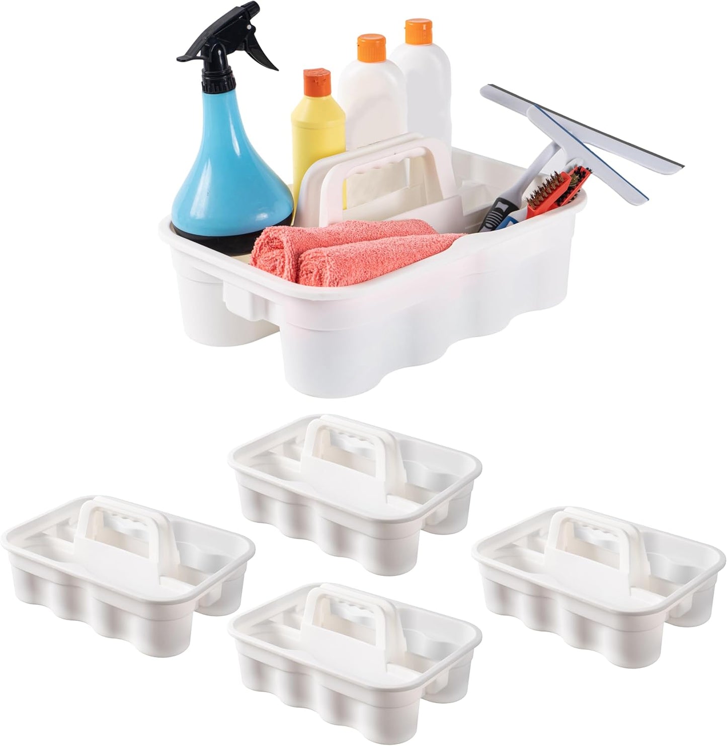Matthew 5 Pack Large Plastic Tote Tool & Deluxe Supply Cleaning Caddy with Handle Portable Shower Basket Storage Caddy for Cleaning Products,Take-Out Drink,Bathrooms - White