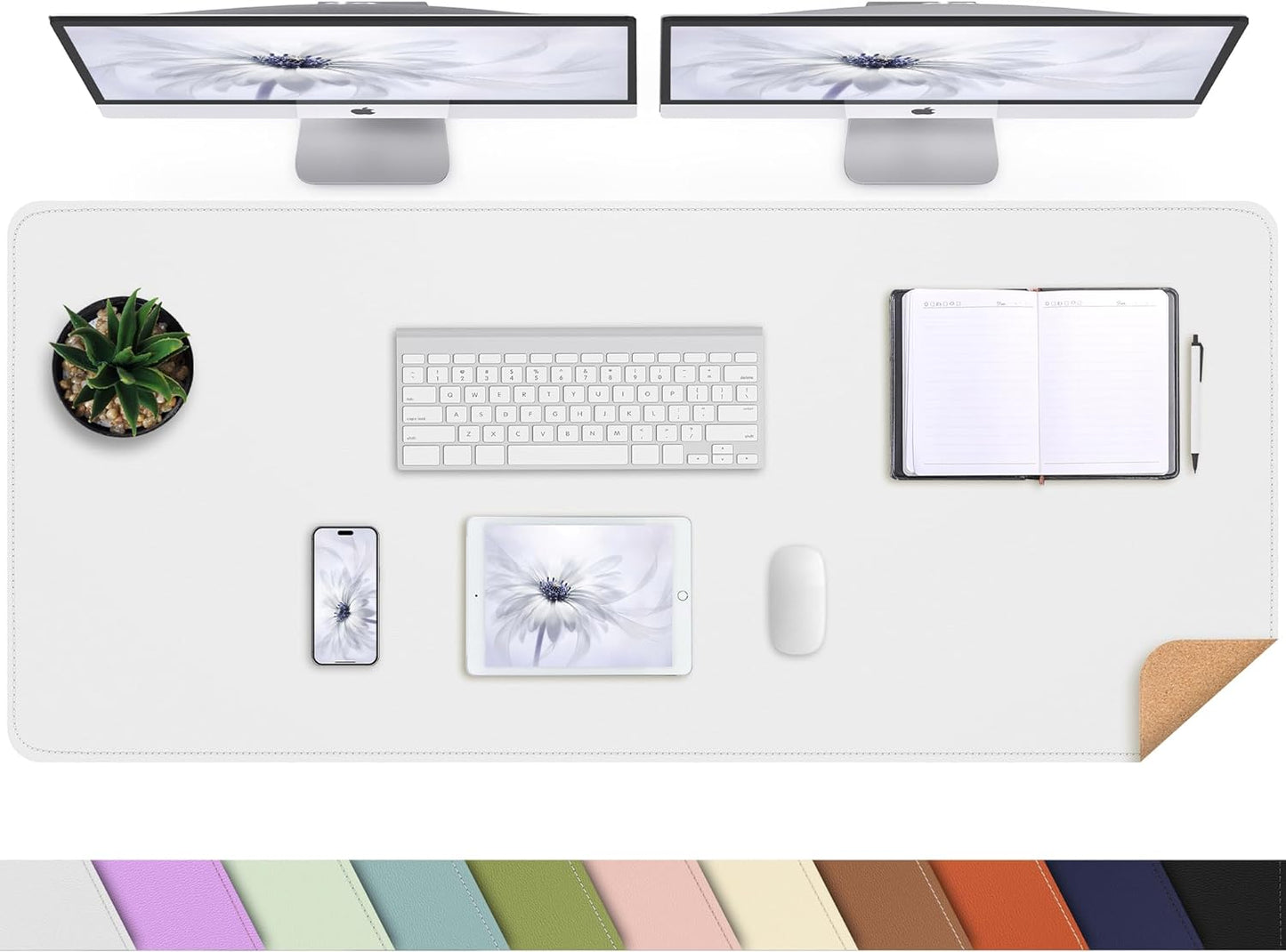 Leather Desk pad Protector, Large Desk mat with Natural Cork & PU Leather,Mouse pad,Non-Slip Office Desk Mat,Waterproof Desk Writing Pad for Office and Home (47in*17in, Ivory White)