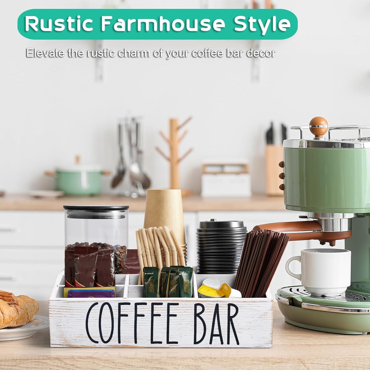 ALELION White Coffee Station Organizer for Countertop - 7 Compartments Rustic Coffee Bar Accessories and Organizer with Removable Dividers