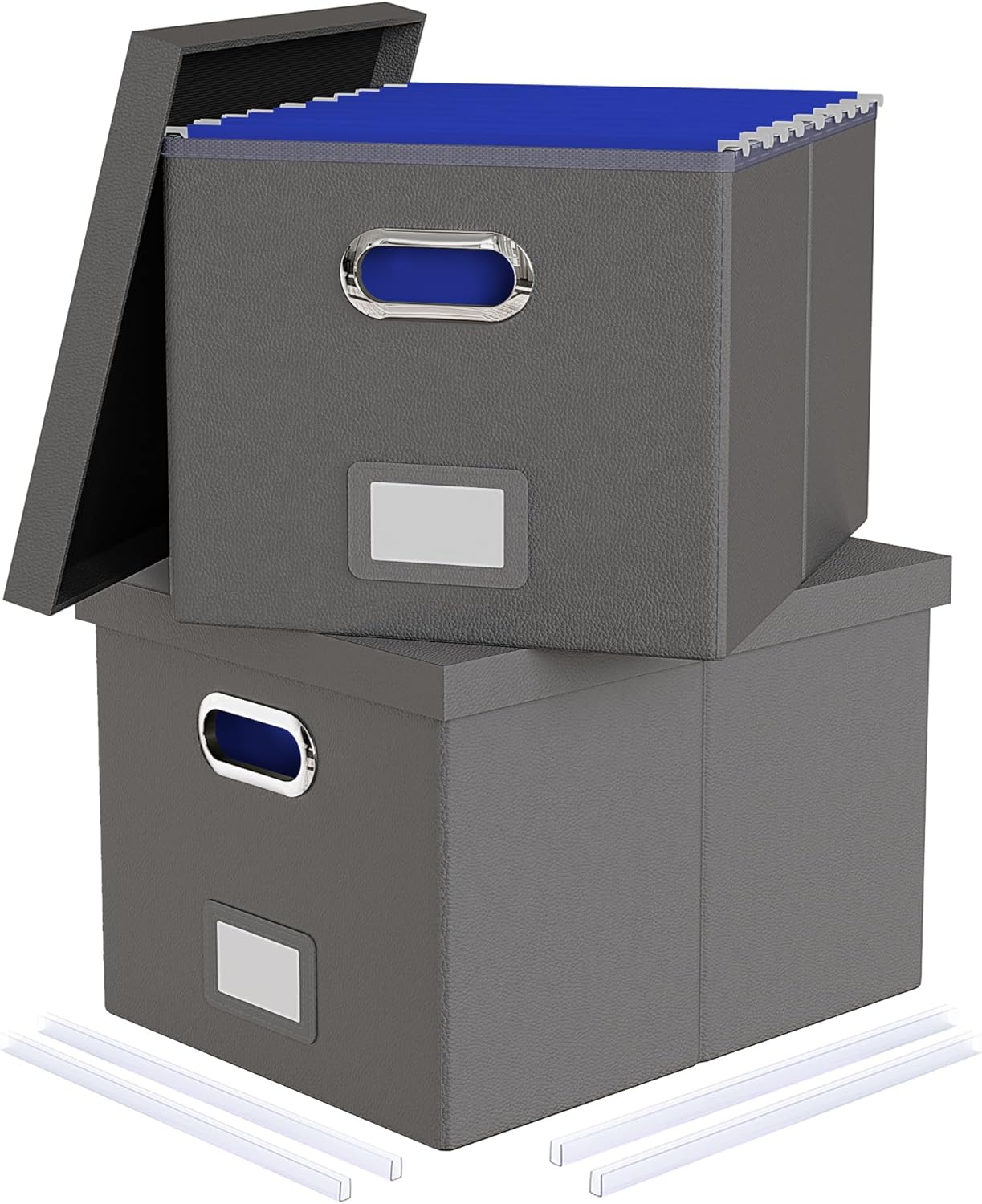 2 Pack File Storage Organizer, Portable File Box with Lid, Fit for Letter/Legal File Folder Storage, Gray(Leather)