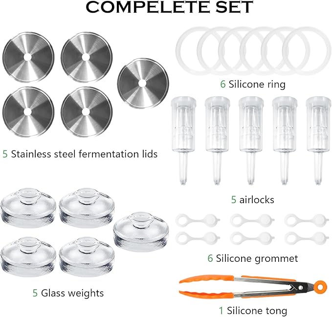 Artcome 28 Pcs Fermentation Kit-5 Stainless Steel Fermentation Lids, 5 Glass Weights, 5 Airlocks, 6 Silicone Rings, 6 Silicone Grommet, 1 Silicone Tong for Wide Mouth Mason Jar(Jars Not Included)