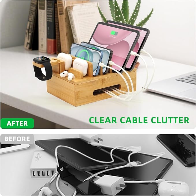 Bamboo Charging Station for Multiple Devices, Desk Wood Docking Station for Phones, Tablets, Watch, Earbuds, Charger Organizer Included 6 Cables & 5-Port USB Charger
