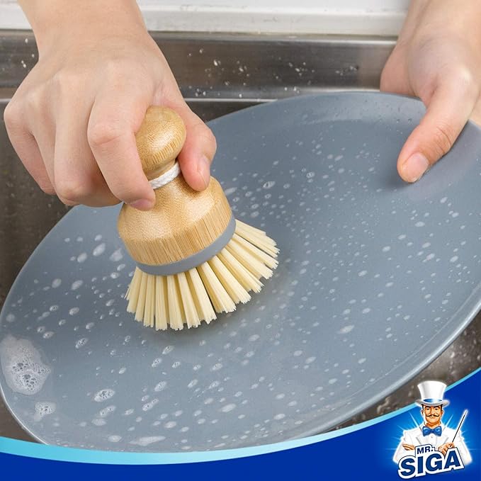 MR.SIGA Bamboo Palm Brush, Scrub Brush for Dishes Pots Pans Kitchen Sink Cleaning, Pack of 2