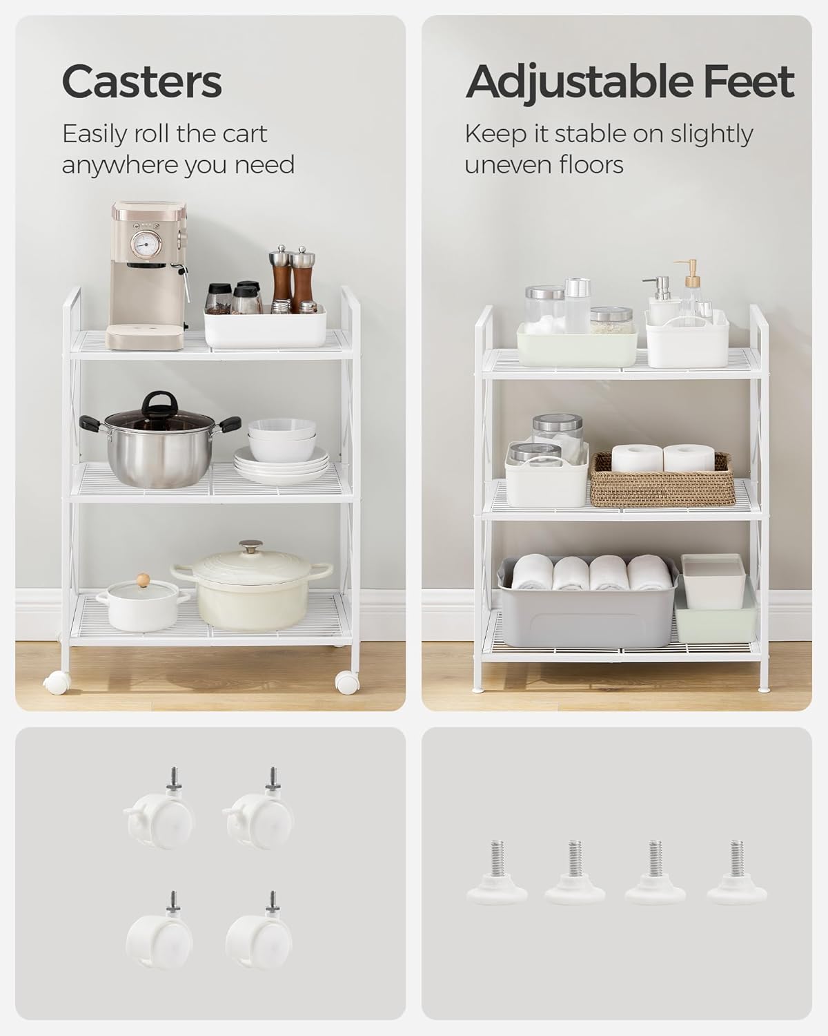 SONGMICS 3-Tier Metal Storage Rack with Wheels, Mesh Shelving Unit with X Side Frames, 23.6-Inch Width, for Entryway, Kitchen, Living Room, Bathroom, Industrial Style, White UBSC163W01