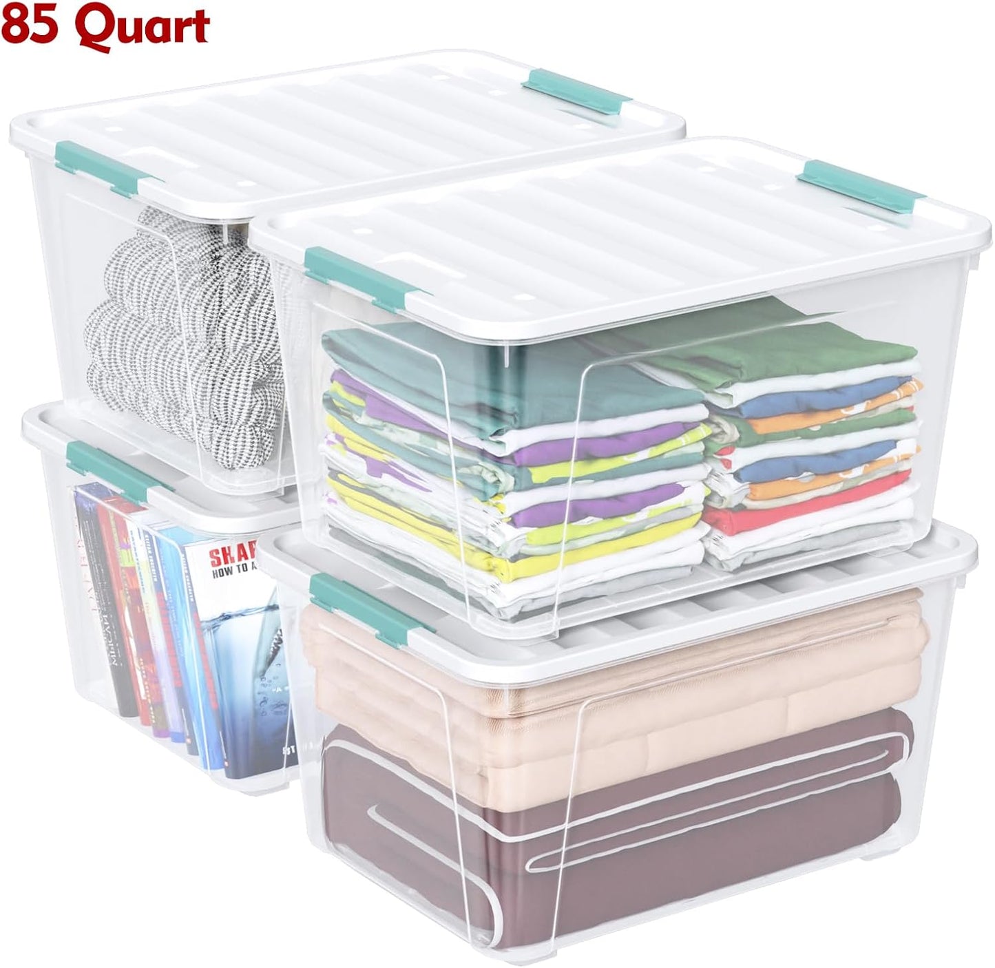 85 Quart Large Plastic Storage Bins, 4-Pack Clear Plastic Storage Box with Wheels
