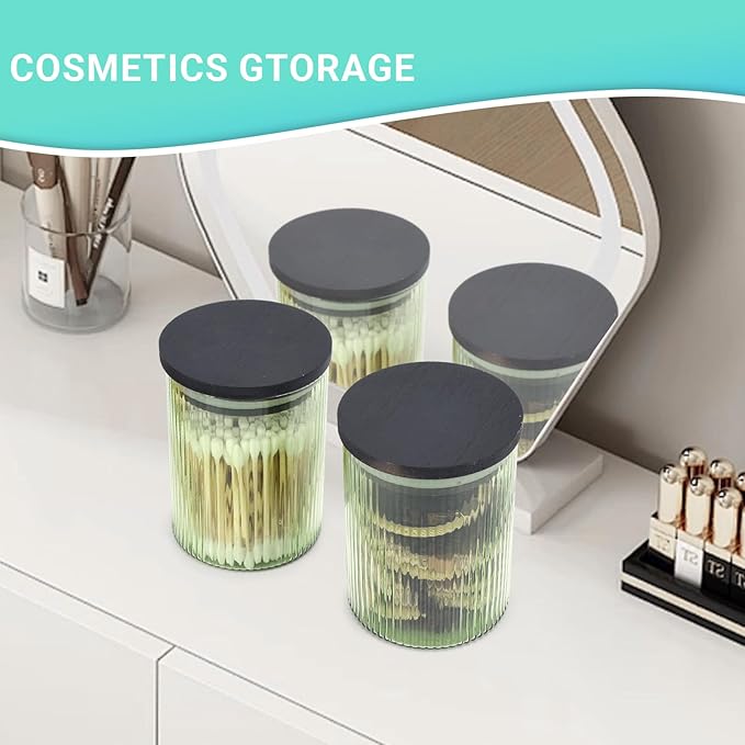 2 Pack Ribbed Glass Qtip Holder Dispenser Set - Apothecary Jars with Lids - Bathroom Canister Storage Organizer and Vanity Makeup Organizer for Cotton Ball,Swab,Round Pads,Floss