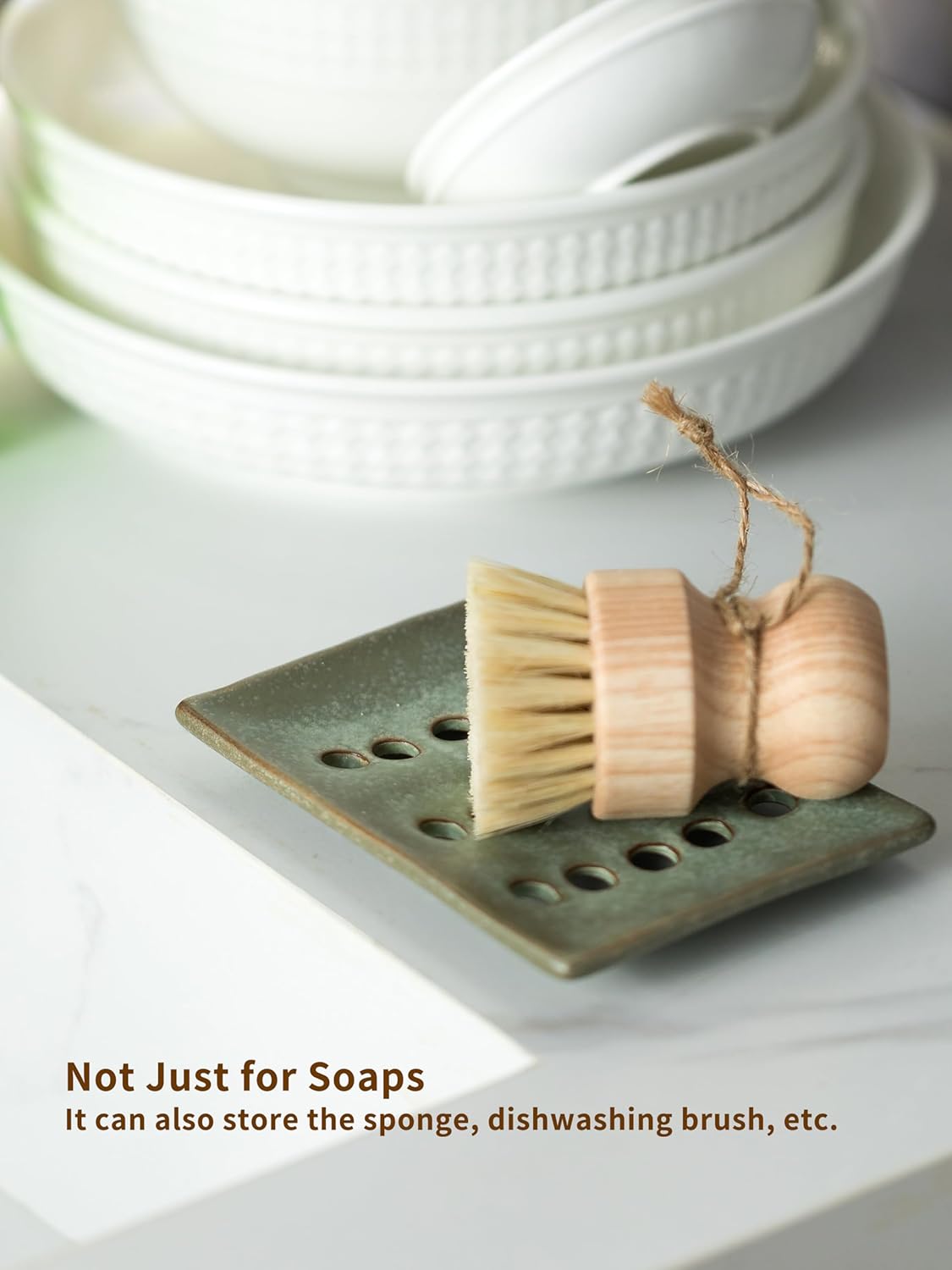 Ceramic Soap Dish with Self Drain for Shower, Bar Soap Holder to Lift and Keep Dry, Concave Design to Prevent Slipping, Suitable for Kitchen and Bathroom, Green