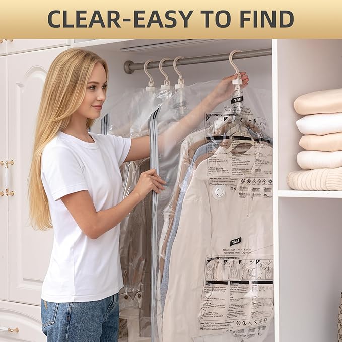 TAILI Hanging Vacuum Storage Sealer Bags Space Saver Bag for Clothing, Suits and Jackets, Closet Organizers, Travel, Set of 4 (2 Long, 2 Short), Clear