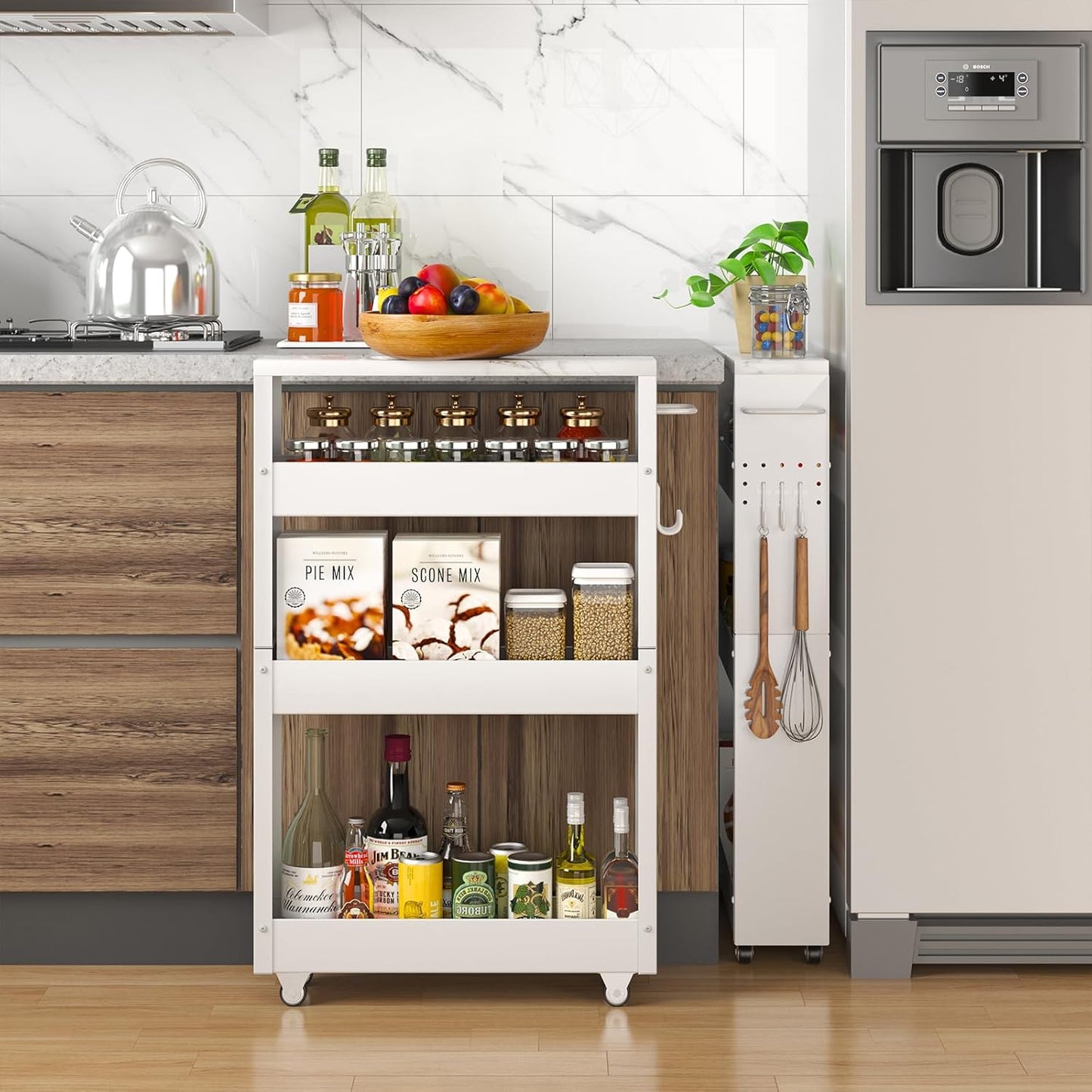 Slim Storage Cart, 4-Tier Kitchen Rolling Cart Narrow Storage Cabinet with Handle & Wheels, Metal Rolling Shelf Unit for Kitchen Bathroom Laundry Small Places(5 in Width/White)