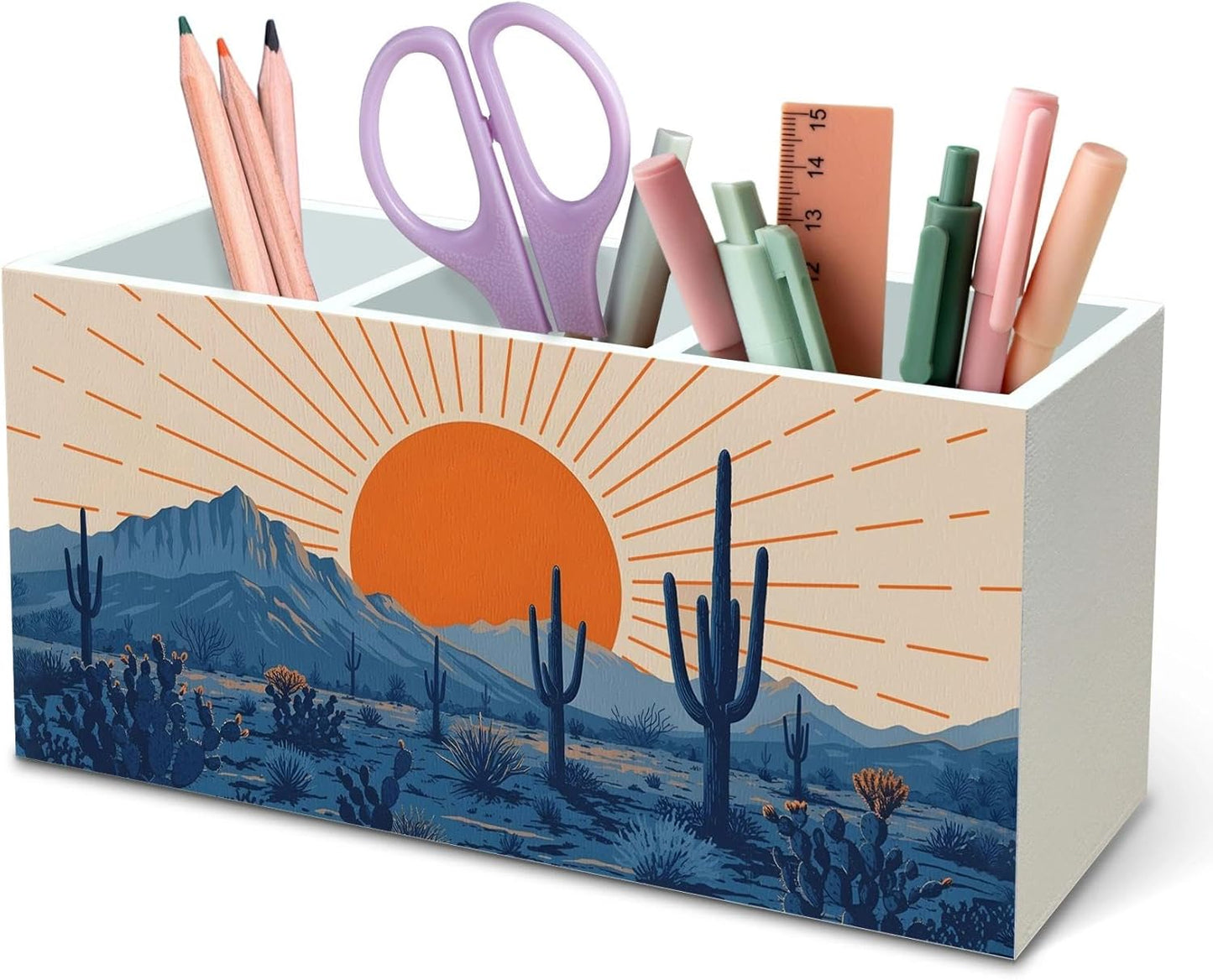 DILSJ Western Boho Pen Pencil Holder Organizer for Desk, Boho Office Decor, Abstract Sunshine Western Desert Cactus Landscape Wooden Box Signs for Home Office Desk Tabletop Decoration