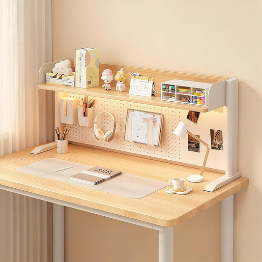 Desk Organizer Shelf for Standing Desk – Metal Frame Desk Hutch with Pegboard, Storage Shelf, and Hooks, Space-Saving Desktop Organizer for Home Office & Workstation Yellow 31.5 * 9.3 * 15in