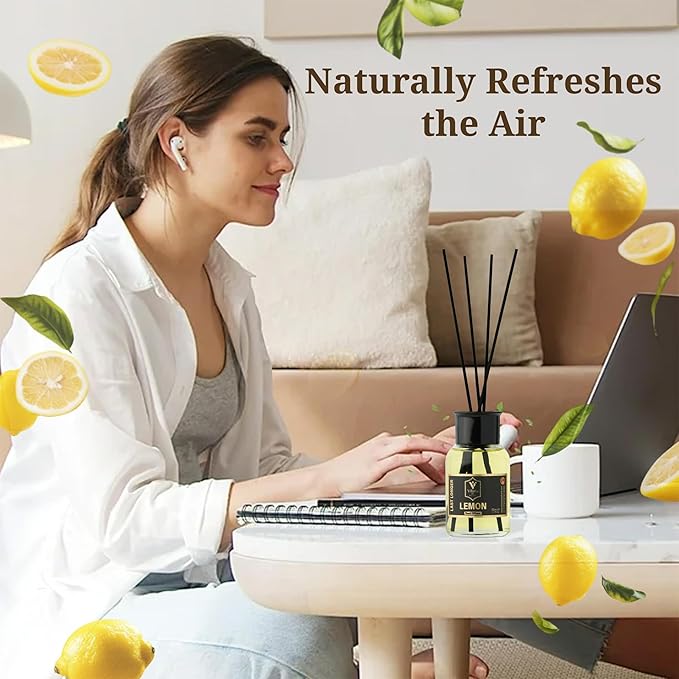 Reed Diffuser Set with Sticks for Home – Bathroom, Bedroom & Office Aromatherapy – Long Lasting Scented Oil Diffuser with Sticks – Luxury Room Fragrance Diffuser 55ml,1.7 fl oz (Lemon)
