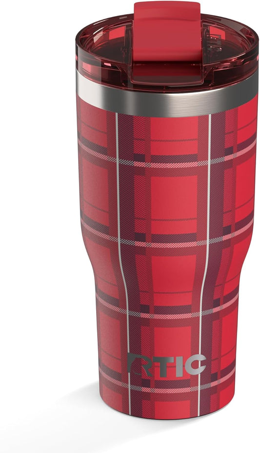 RTIC 20oz Essential Tumbler with Lid, Ceramic Lined, Insulated, Stainless Steel, Metal, Double Wall Vacuum-Insulation, Travel Cup for Iced Coffee, Tea, Hot and Cold Drink, Red Plaid