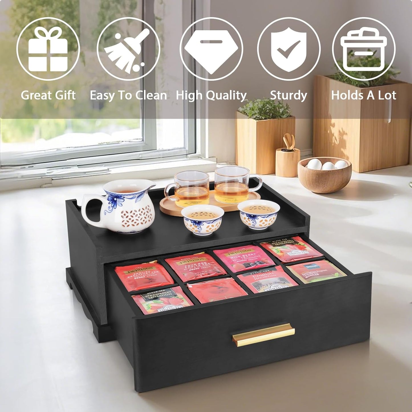 Tea Bag Organizer, Tea Organizers and Storage, Tea Box Organizer Storage Box, Tea Station Organizer for Countertop, Tea Caddy for Wood Tea Holder Organizers for Removable Drawer (Black)