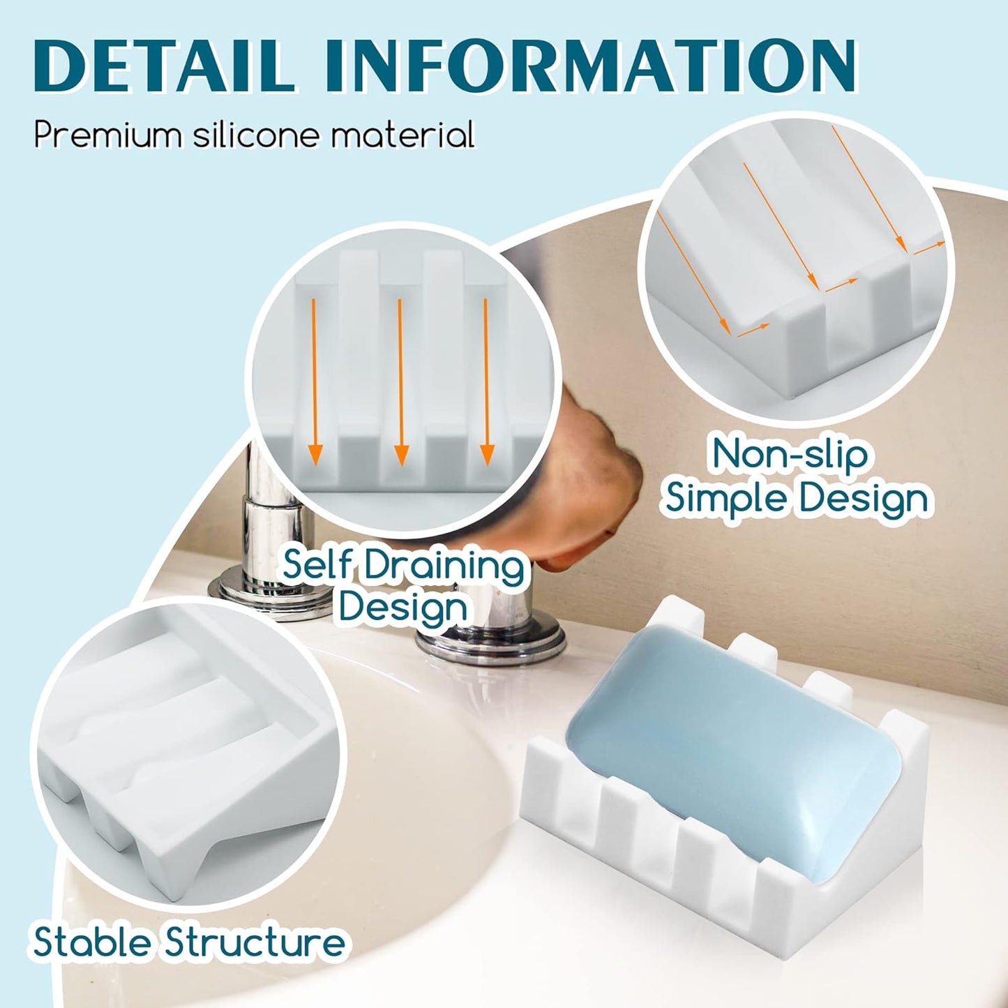 Silicone Soap Dish for Bar Soap Holder for Shower Bathroom Self Draining Waterfall Drying Tray Keep Soap Bars Dry Clean & Easy Cleaning (White/Pink, 2)