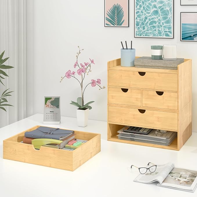 Bamboo Desk Drawer Organizer, Large Desktop Organizer with Drawers Tabletop Storage Organization Box for Office Home Toiletries Supplies Vanity, No Assembly Required (2 Drawer)