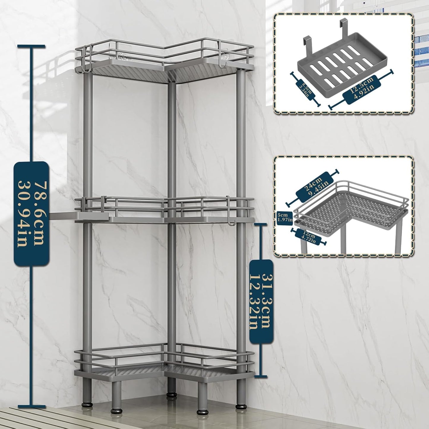 Consumest Corner Shower Caddy Standing - 3-Tier Stainless Steel Shower Organizer with Soap Holder and 4 Hooks, Large Capacity Corner Shelf Stand for Bathroom, Rest Room, Grey