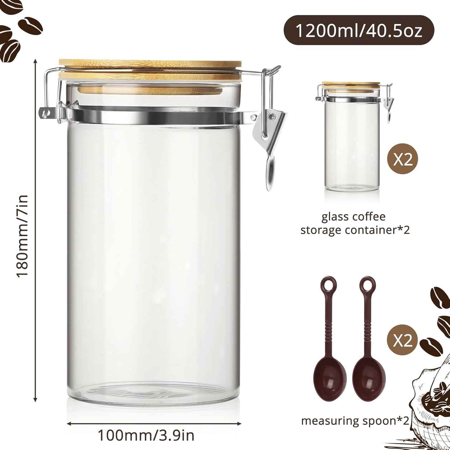 2 Pack 40.5oz Coffee Bean Storage Container with Airtight Bamboo Lids Glass Airtight Coffee Canister with Scoop Storage Container for Grounds Tea Cereal Sugar