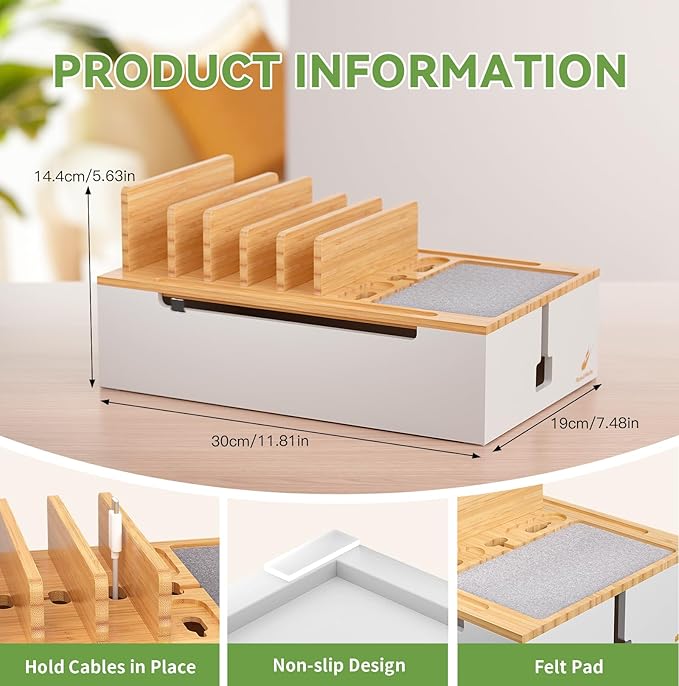 Pezin & Hulin Bamboo Charging Station for Multiple Devices, USB Charger Dock Organizer, with Power Supply (10 Ports HUB), 6 Cables, Cable Management Organizer for Cell Phones, Tablets -Natural+White