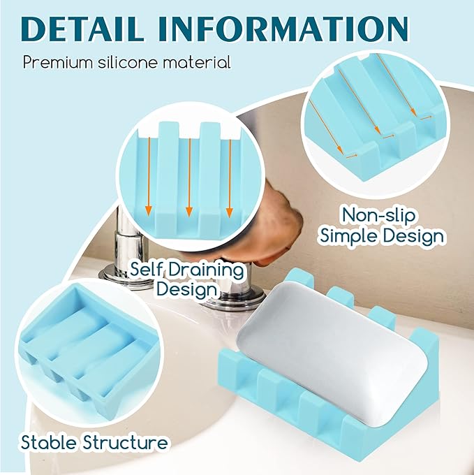 Silicone Soap Dish for Bar Soap Holder for Shower Bathroom Self Draining Waterfall Drying Tray Keep Soap Bars Dry Clean & Easy Cleaning (Sky Blue,2)