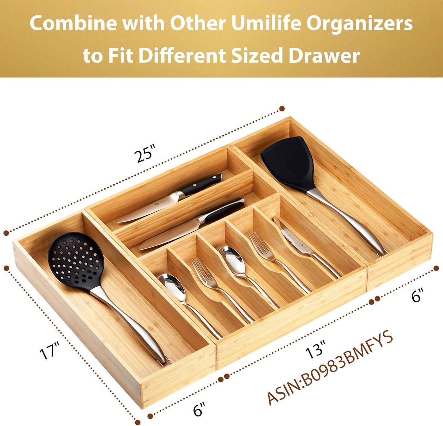 Umilife Bamboo Kitchen Utensils Organizer, Extra Long High Silverware Drawer Holder, Flatware Cutlery Storage Box, Multi-Use Drawer Divider in Office, Bathroom, Pantry - 17"x6"x2.5" (Set of 2)