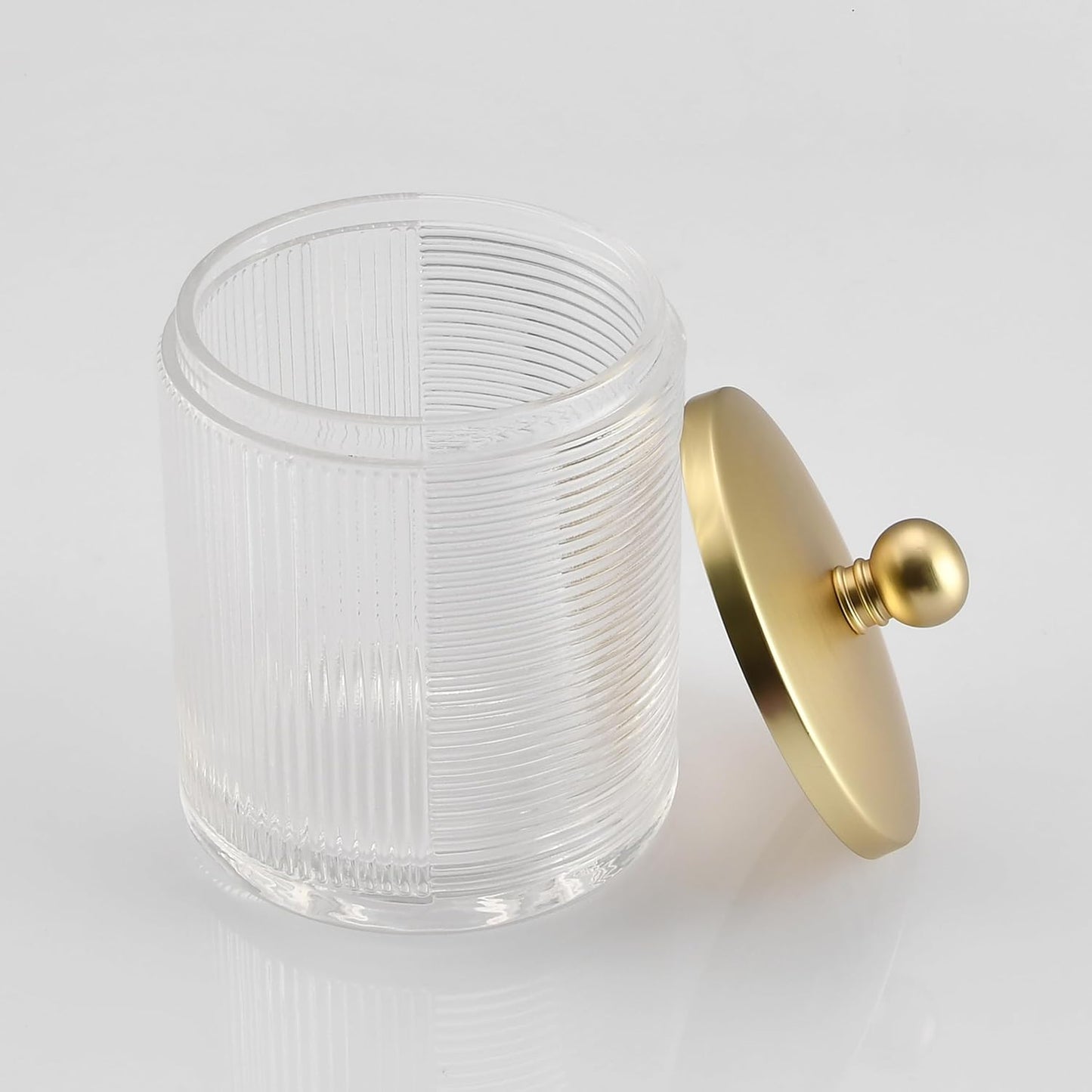 Clear Transparent Apothecary Ribbed Geometric Etched Glass Jar W/Gold Lid Cover for Bathroom Organization, Cotton Balls, Q Tips, and Small Accessories, Bathroom Storage