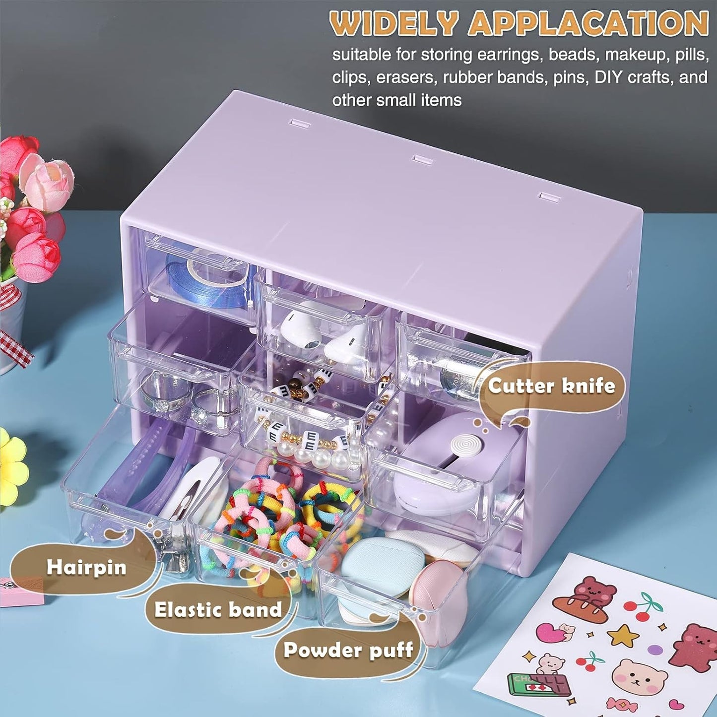 Amyhill 6 Pcs Mini Drawer Organizer Small Organizer with 9 Drawers Plastic Desktop Craft Storage Box for Office Home Room Jewelry Cosmetics Collection(Purple)