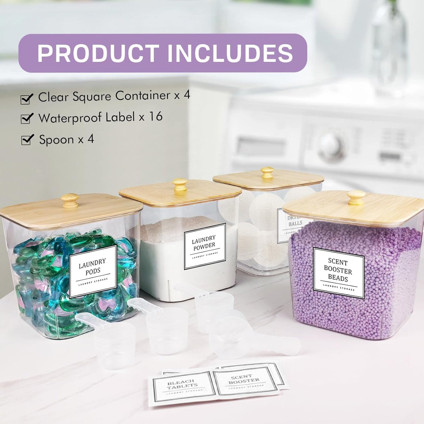 4 Pack Clear Laundry Pod Container, Laundry Room Organization Containers with Wooden Lids & Labels - Large Detergent Powder Storage for Room Organization, Scent Booster Holder