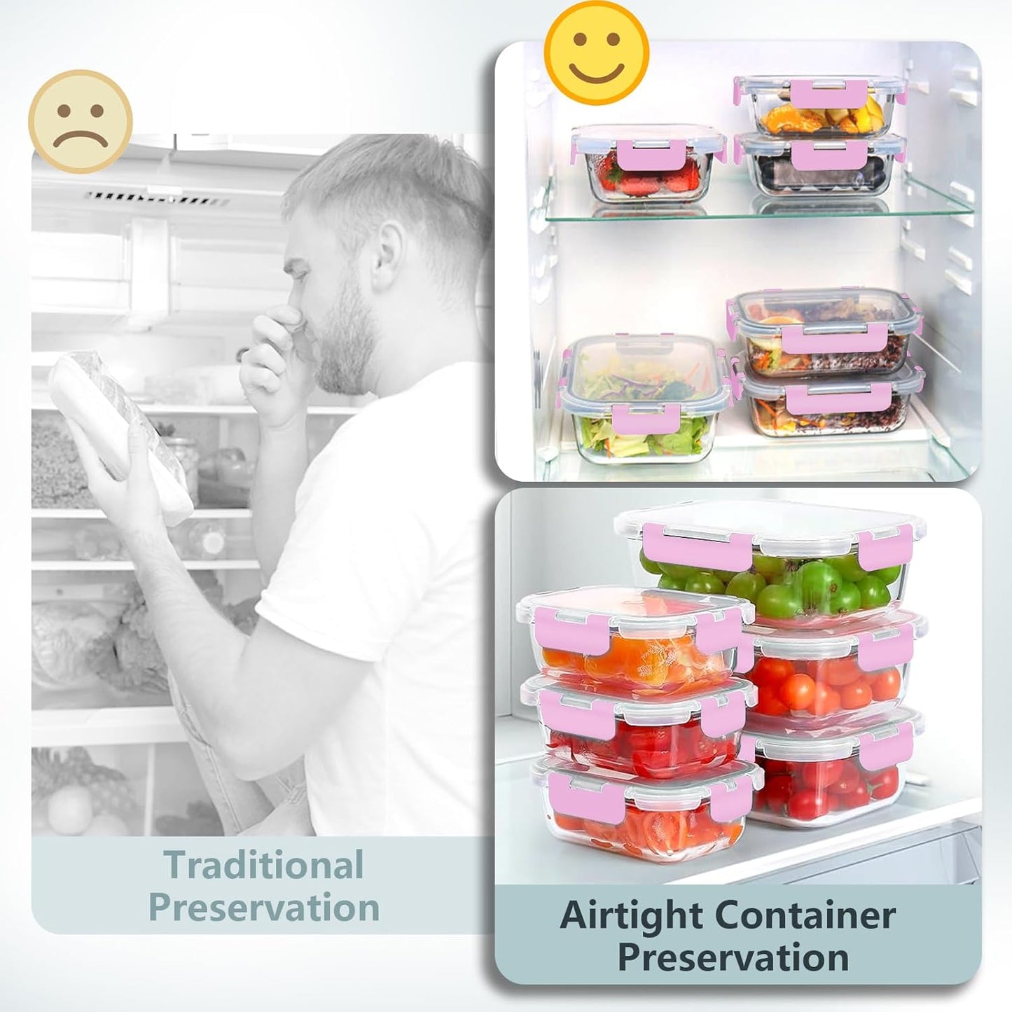 12 Pack Glass Meal Prep Food Storage Containers with Lids Airtight Stackable, Microwave, Oven, Freezer and Dishwasher Safe(Pink)