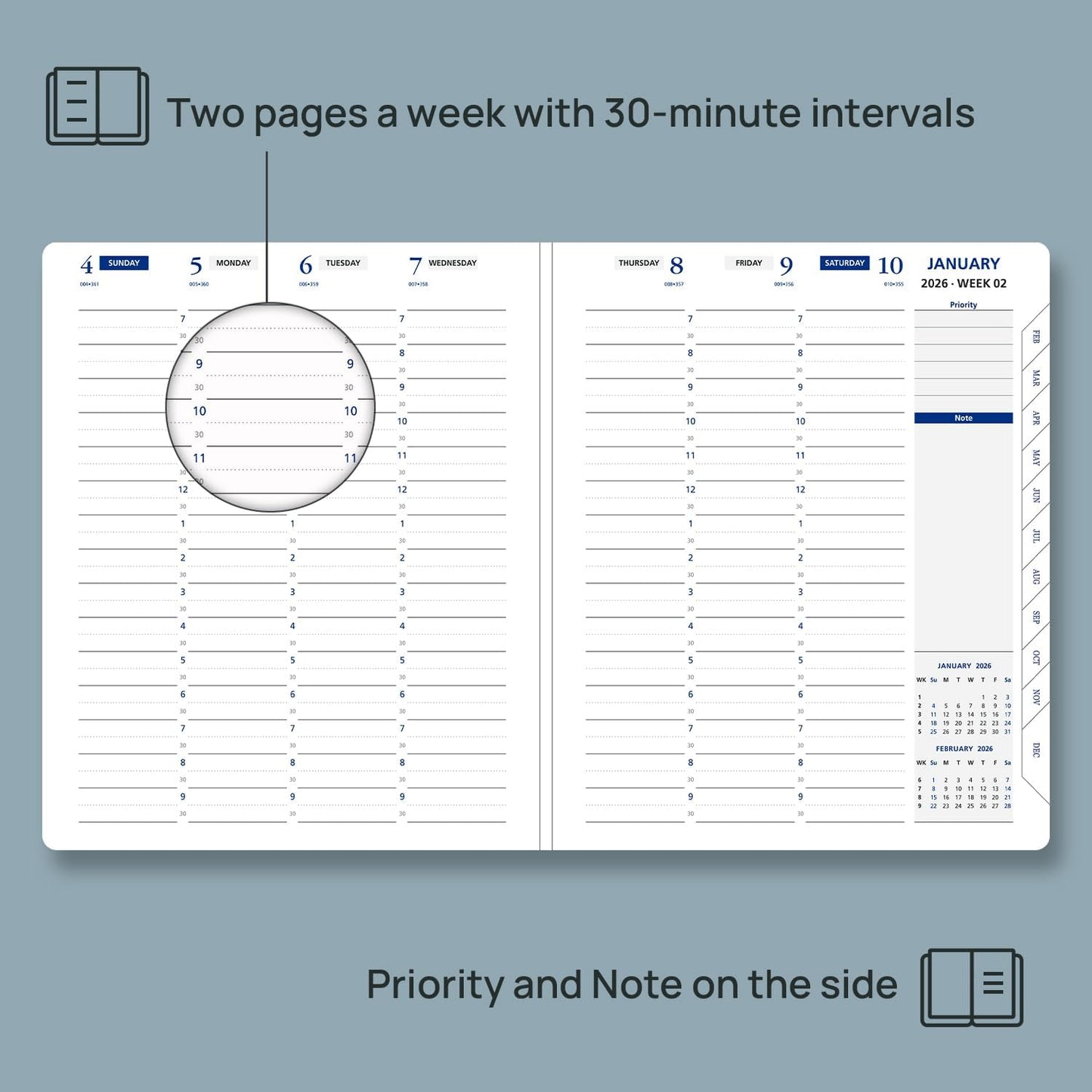 POPRUN 2026 Weekly Planner (Medium 7'' x 8.5''), 30-Minute Hourly Appointment Book (Jan 2026-Dec 2026) with Monthly Tabs, Inner Pockets, Pen Holder, PU Leather Softcover, 100GSM - Burgundy
