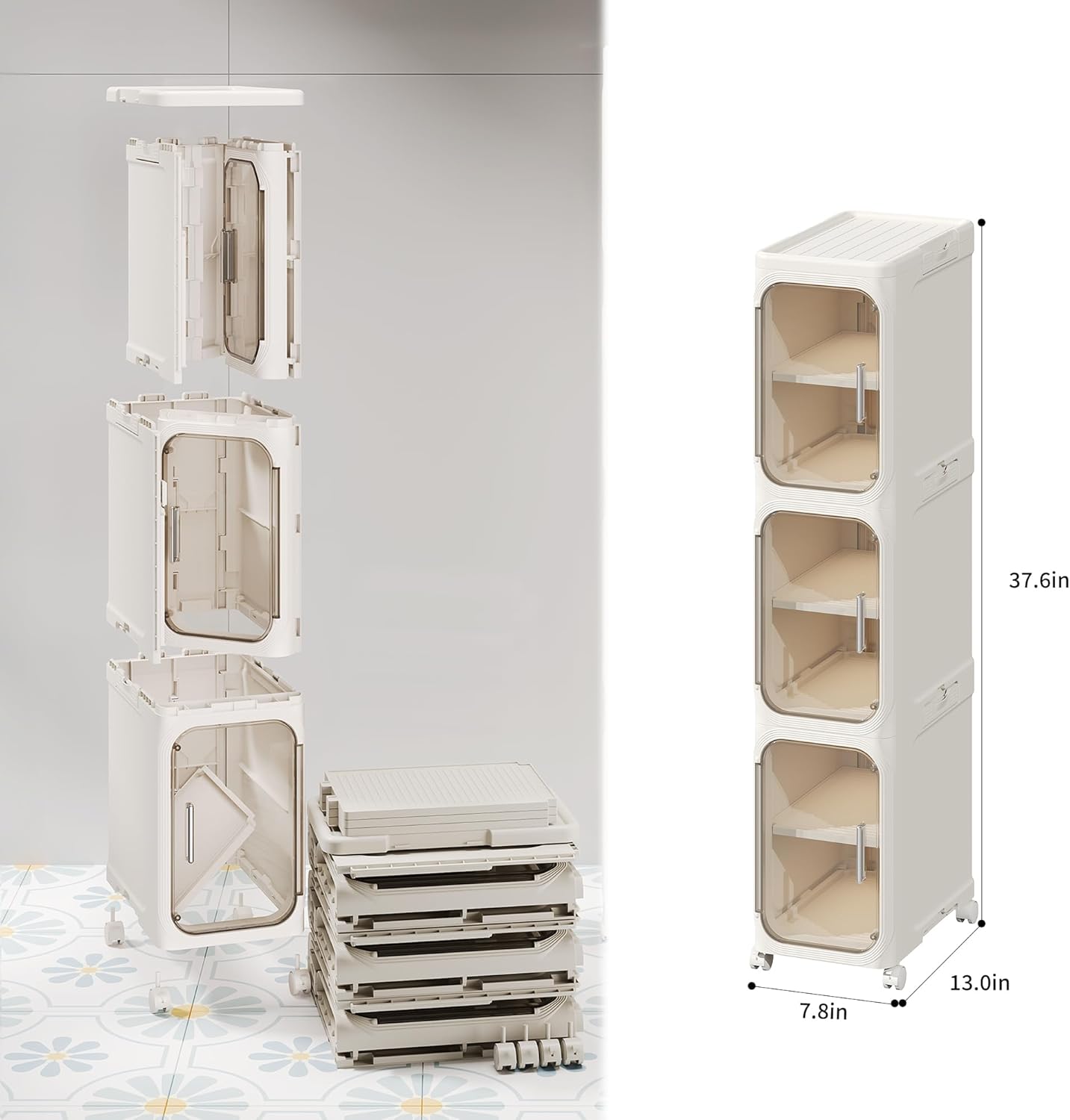 3-Tier Narrow Storage Cabinet Slim Bathroom Storage Cabinet with Movable Wheels Tall Bathroom Organizer Skinny Cabinet for Small Spaces，Beige