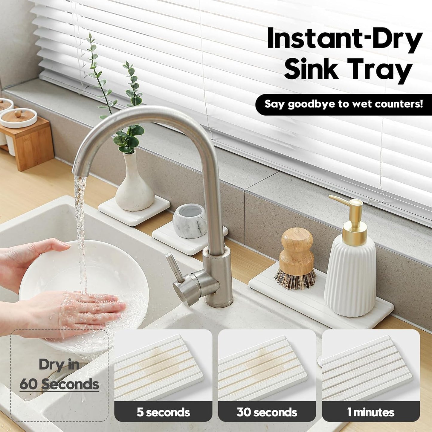 3 Pack Diatomite Stone Sink Tray, Water Absorbing Mat for Kitchen & Bathroom Counter, Quick Dry Soap Dish Makeup Vanity Caddy,Sponge Holder Organizer, White - 2pcs of 8"x 3.8" and 1pc of 3.8"x 3.8"