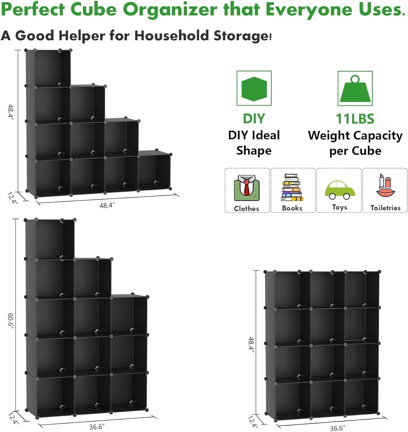C&AHOME Cube Storage Organizer, 12-Cube Shelves Units, Closet Cabinet, DIY Plastic Modular Book Shelf, Ideal for Bedroom, Living Room, Office, 36.6" L x 12.4" W x 48.4" H Black SHS3012B
