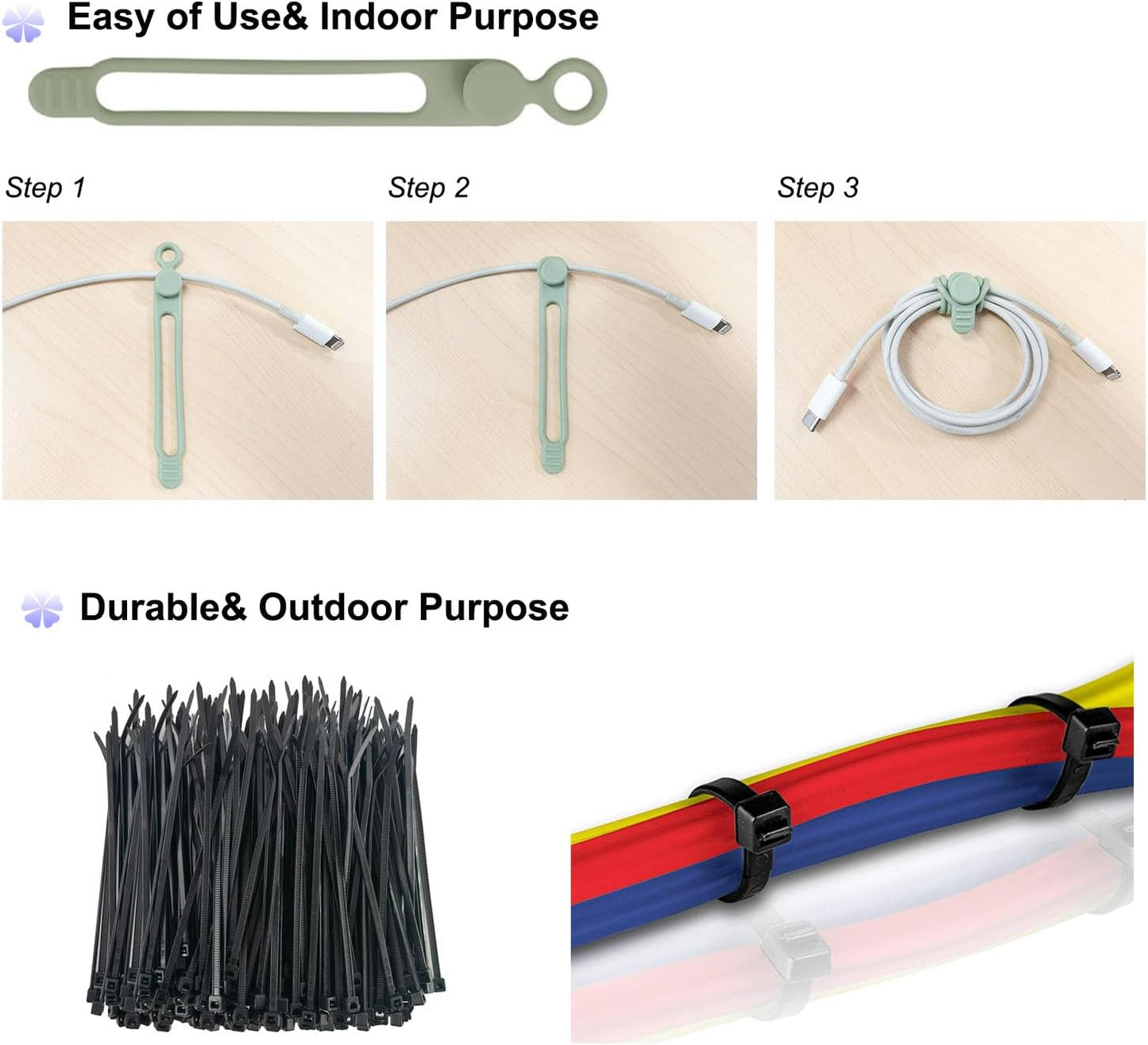 120 Pcs Cable Organizer Set, 20pcs Silicone Cable Ties Reusable & Nylon Cable Ties 100pcs, Multipurpose Elastic Cord Management Organizer for Charger, USB, Phone, Data Cables - Black White Green Grey