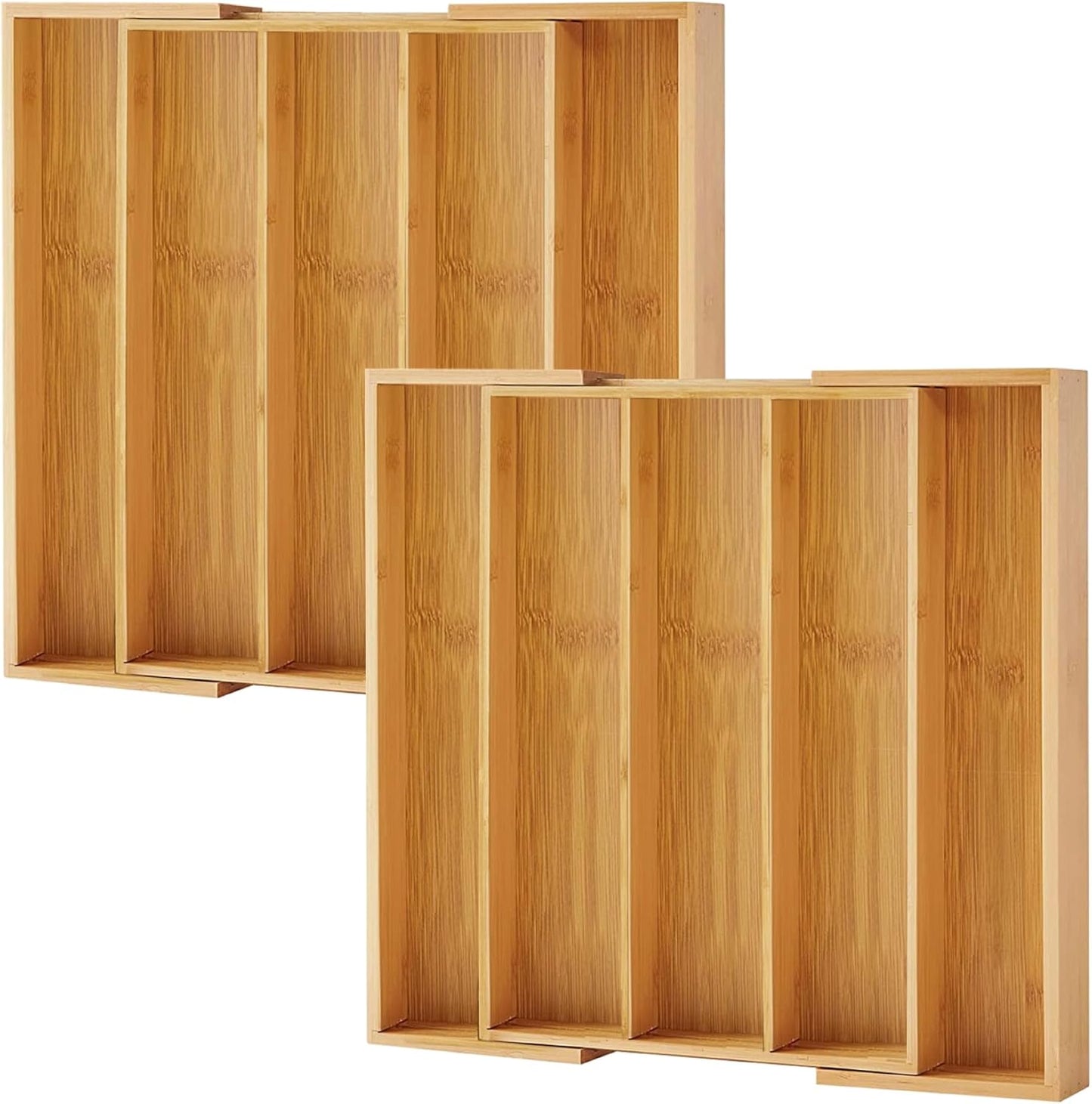 Purawood Kitchen Drawer Organizer, 2 Pack - Expandable Utensil Drawer Organizer for Kitchen, Cutlery Tray & Silverware Organizer, 3-5 Slots - Bamboo Organizer for Utensils & Flatware (Natural)