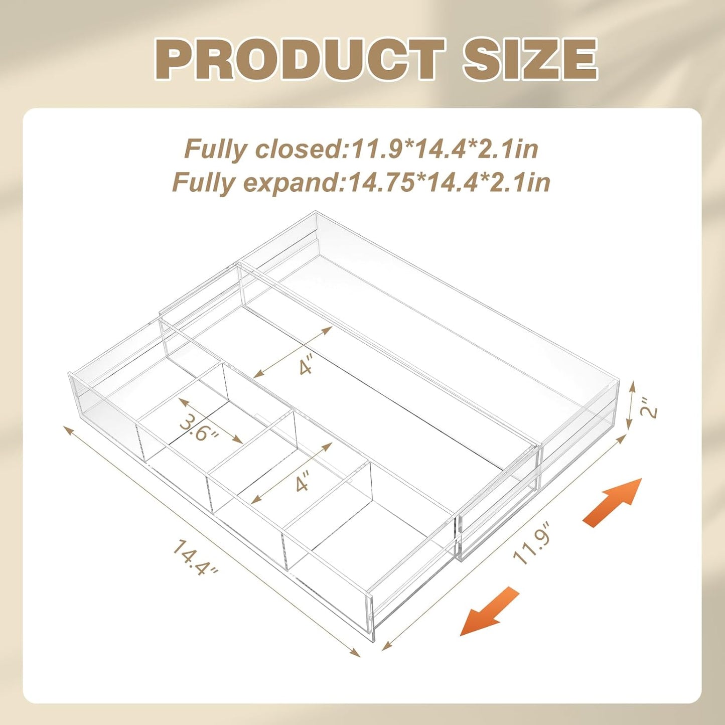 1 PC Acrylic Desk Drawer Organizer 2 Inch Height Expandable Drawer Organizer Trays with 8 Adjustable Compartments Desk Accessories for Makeup Silverware Office Bathroom(Clear,Stylish)