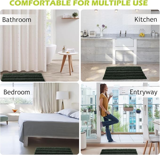 KGORGE Bathroom Rugs - Soft Bath Mat Water Absorbent Non-Slip Thick Shaggy Shower Carpe, Machine Washable, Plush Carpet Runner for Tub Kitchen Toilet Door Way, Dark Green, 60" x 24", 1 Pc