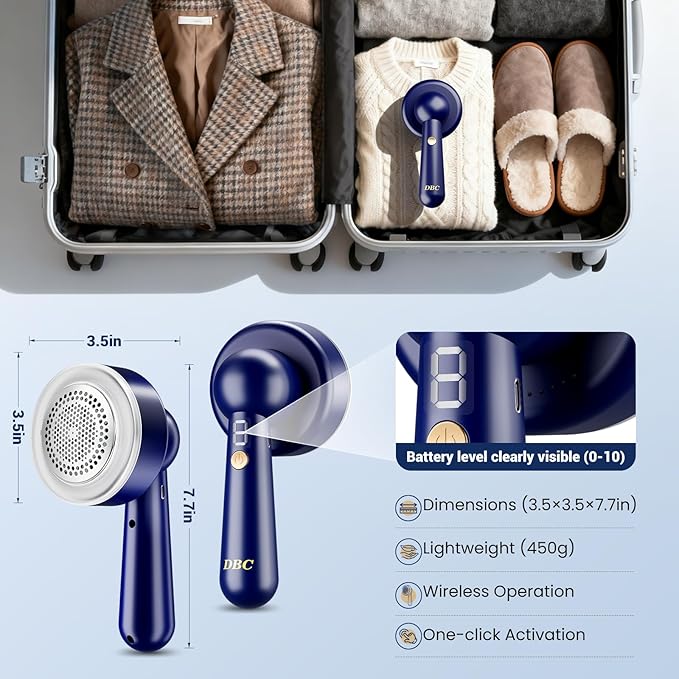 DBC Fabric Shaver and Lint Remover, Sweater Shaver with 3-Speeds and 6-Leaf Blades, 2hours runtime, 2 Replaceable Blades, Battery Operated, Remove Pilling, Furniture, Fuzz, Lint Ball - Blue