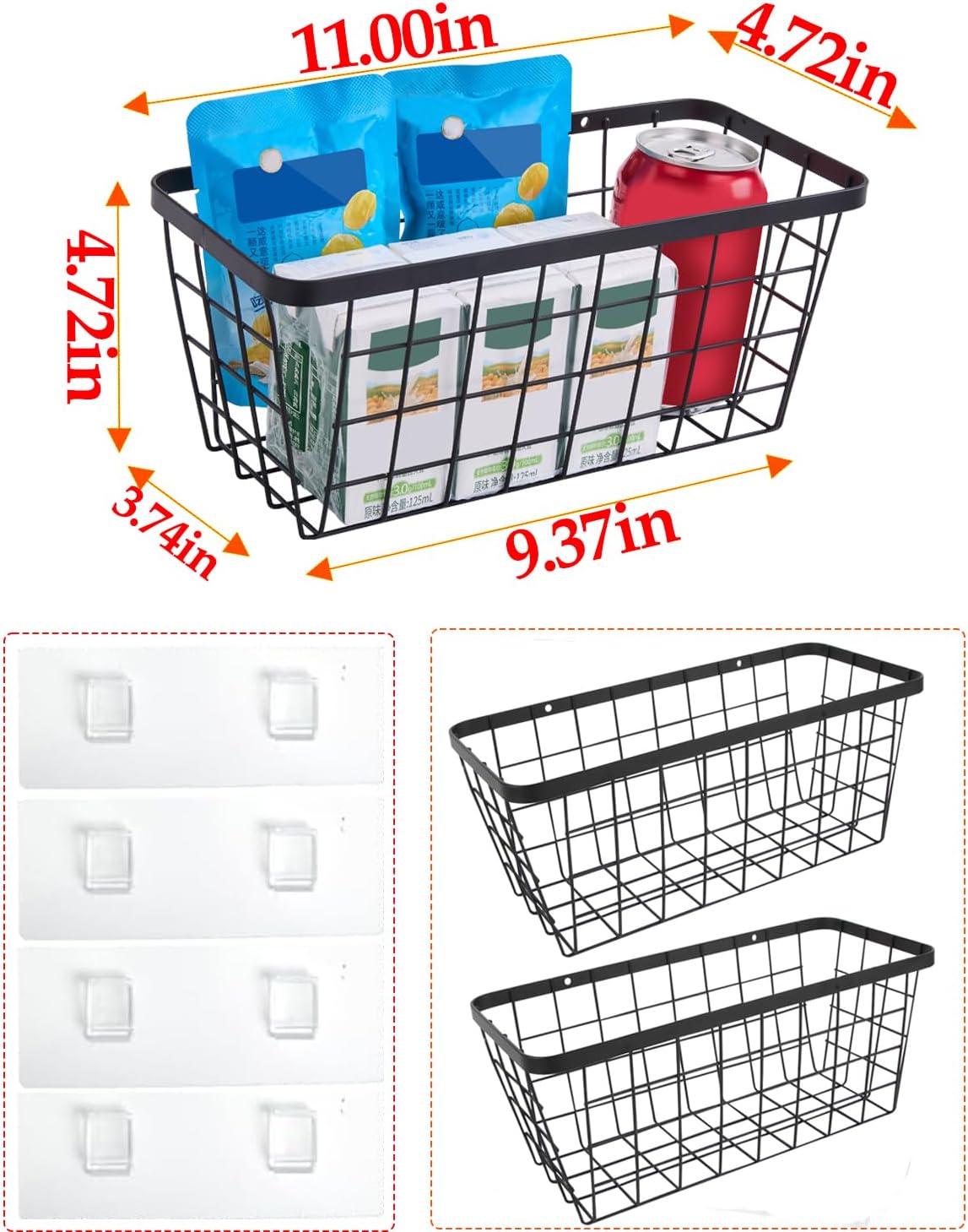 2 Pack Hanging Wall Basket Organizer Over the Cabinet Door Wire Baskets for Organizing -Space-Saving Hanging Baskets for Organizing Wall Mount Storage,No Drilling Adhesive Wall Storage Basket, Black