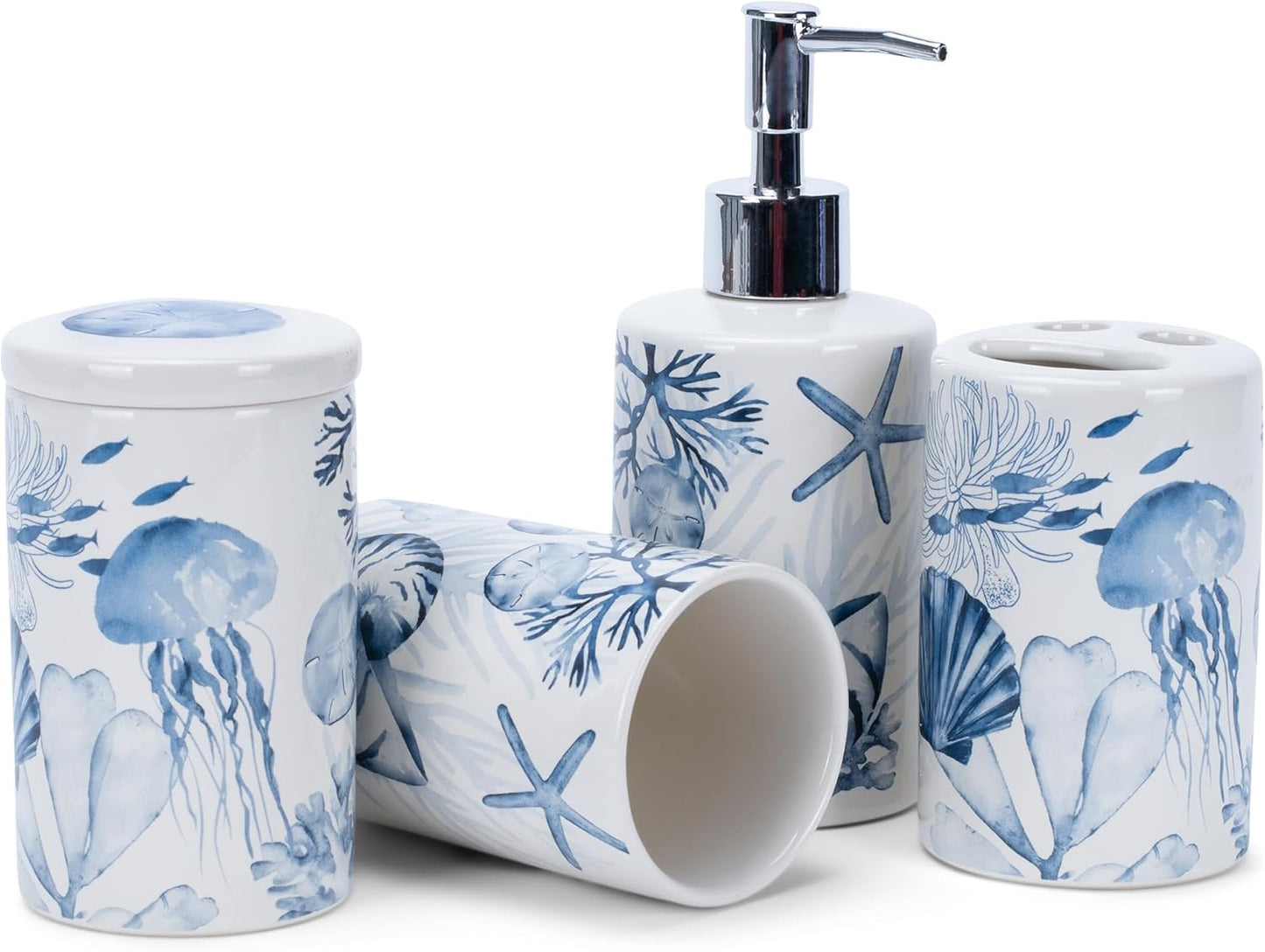 NAT & Jules Chic Modern Rounded 4.5 inch Ceramic Bathroom Accessories Set of 4 - Home Décor & Organization Perfect for Bath or Kitchen Household Essentials, Beach Nautical Blue & White